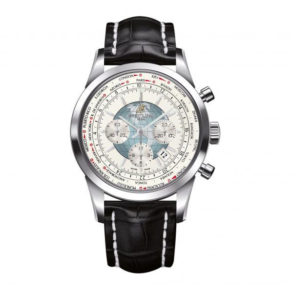 Breitling Transocean Chronograph Unitime White Leather (Crocodile) Folding Clasp
