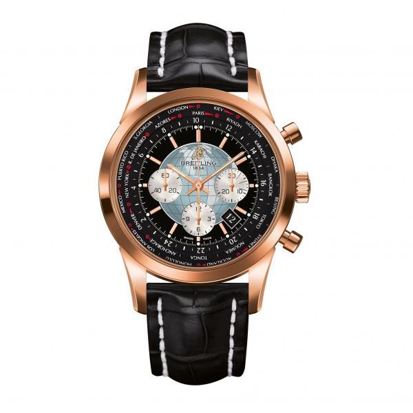Breitling Transocean Chronograph Unitime Black Leather (Crocodile) Tang-Type