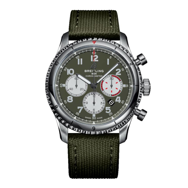 Breitling Aviator 8 B01 Chronograph 43 Curtiss Warhawk Military Strap Gents Folding Clasp